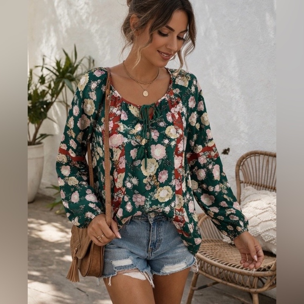 🌿 DR2 Daniel Rainn Floral Boho Tunic Blouse XL Green Flowy Tassel Top - Picture 2 of 12